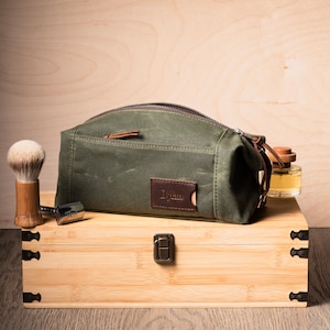 Personalized Toiletry Bag for Men with Pockets: Folding Waxed Canvas Dopp Kit, Graduation Gift for Him, Made in USA Olive