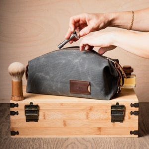 Corporate Gift: Personalized Waxed Canvas Dopp Kit, Folding Toiletry Bag, Made in USA