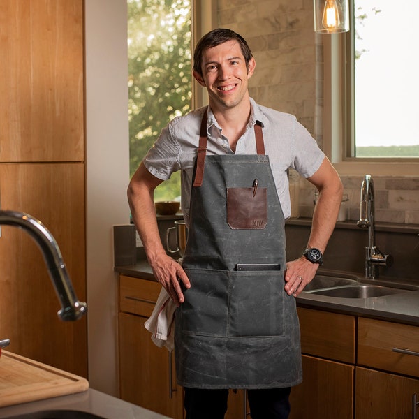 Delantal de lona encerada personalizado con detalles de cuero, regalo para chef, maestro de la parrilla y barbacoa.