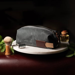 Waxed Canvas Dopp Kit: Folding Toiletry Bag in Slate Grey, Free Personalization, Anniversary Gift for Him, Birthday Gift, Made in USA