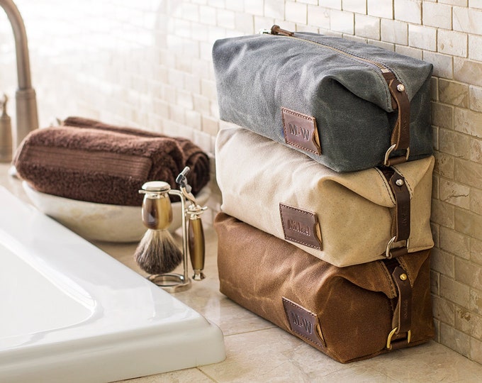 Personalized Groomsmen Gift: Waxed Canvas Dopp Kit, Expandable Toiletry Bag for Men, Made in USA