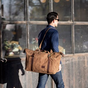 Waxed Canvas Duffle Bag: Folding Personalized Weekender Bag with Multiple Pockets, Father's Day Gift, Anniversary Gift for Him, Made in USA Brown Canvas