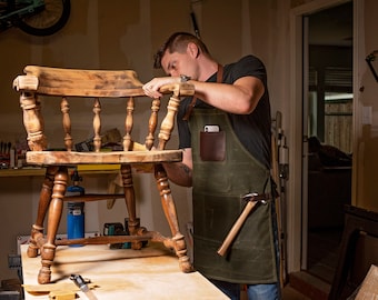 Personalized Apron for Woodworking, Jewelers, Baristas with Pockets and Loops: Waxed Canvas and Leather, Made in USA