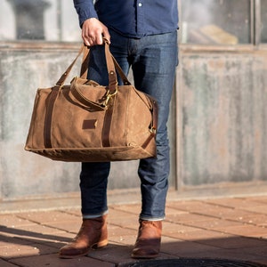 Weekender Duffle Bag for Men: Folding Waxed Canvas Duffle Bag, Personalized Gift for Him, Father's Day Gift, Anniversary Gift, Made in USA Brown Canvas