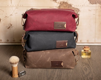 Personalized Groomsmen Gift, Graduation Gift: Mens Travel Toiletry Bag, Folding Waxed Canvas Dopp Kit for Him, Made in USA