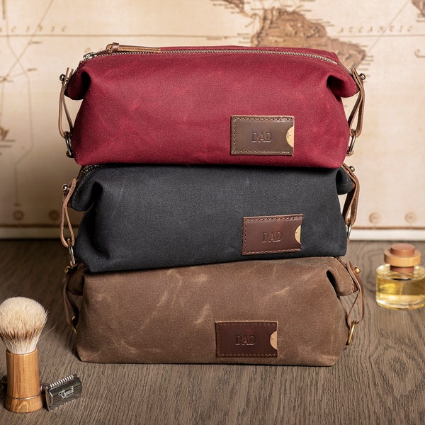 Personalized Groomsmen Gift, Graduation Gift: Mens Travel Toiletry Bag, Folding Waxed Canvas Dopp Kit for Him, Made in USA