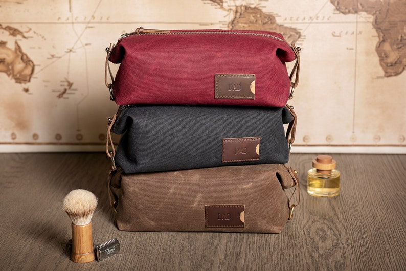 Personalized Groomsmen Gift, Graduation Gift: Mens Travel Toiletry Bag, Folding Waxed Canvas Dopp Kit for Him, Made in USA image 1