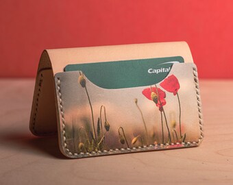 Cartera de cuero plegable, cartera de cuero personalizada, tarjetero de cuero, regalo hecho a mano para amantes del arte y las plantas, regalo de tercer aniversario.