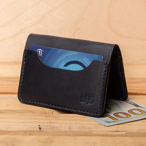 Cartera de cuero personalizada, cartera plegable de cuero para hombre, tarjetero fino de cuero, cartera cosida a mano, regalo para él, regalo para hijo Blue