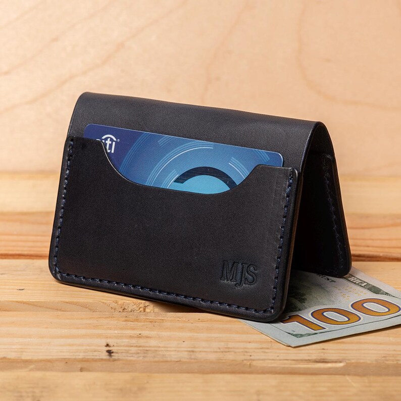 Cartera de cuero personalizada, cartera plegable de cuero para hombre, tarjetero fino de cuero, cartera cosida a mano, regalo para él, regalo para hijo Blue