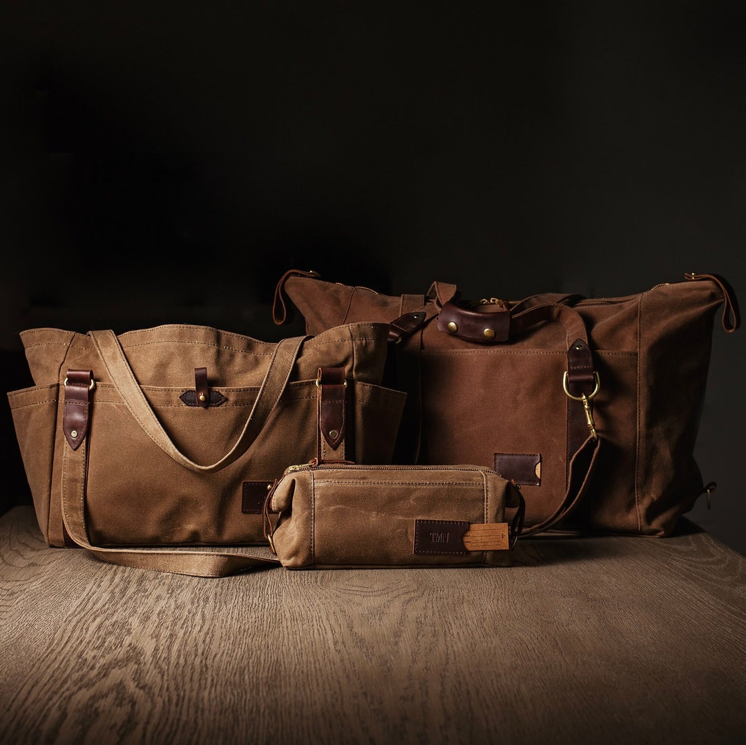 Personalized Travel Set Waxed Canvas Carry on Weekender Duffle Bag