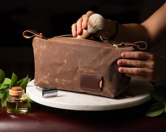 Personalized Dopp Kit: Waxed Canvas Folding Toiletry Bag in Brown, Anniversary Gift for Him, Birthday Gift, Made in USA