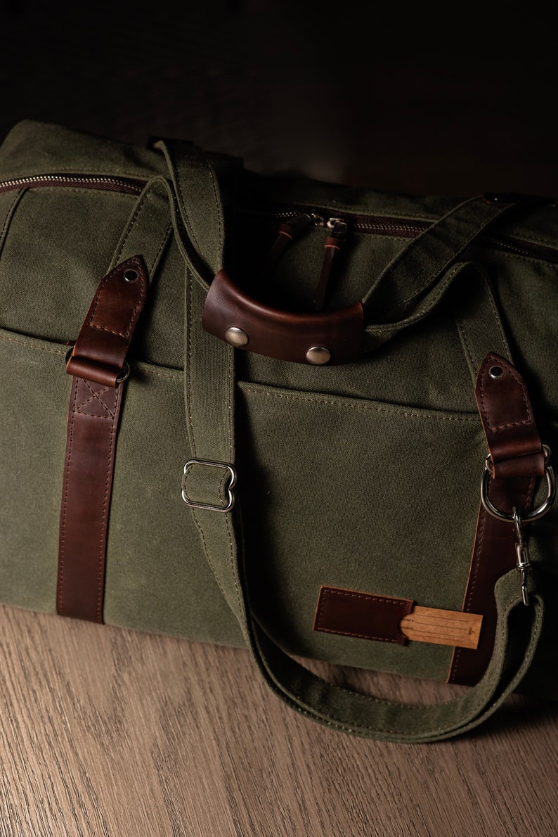 Waxed Canvas Duffle Bag: Folding Personalized Weekender Bag with Multiple Pockets, Father's Day Gift, Anniversary Gift for Him, Made in USA image 7