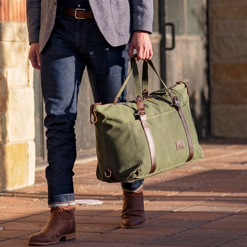 Weekender Duffle Bag for Men: Folding Waxed Canvas Duffle Bag, Personalized Gift for Him, Father's Day Gift, Anniversary Gift, Made in USA Olive Green Canvas