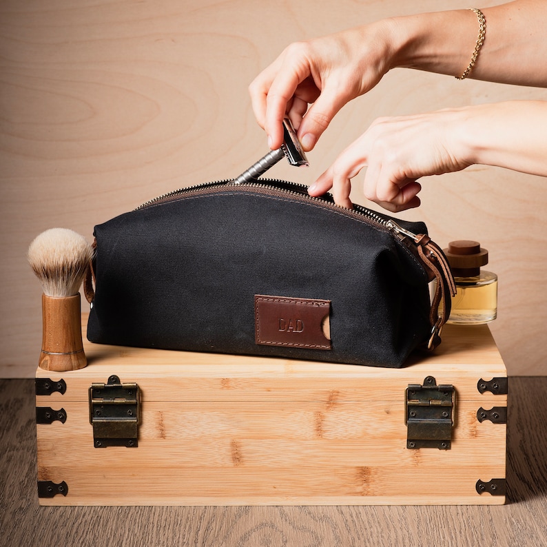 Personalized Dopp Kit: Folding Waxed Canvas Toiletry Bag in Black, Anniversary Gift, Father's Day Gift for Him, Made in USA image 1