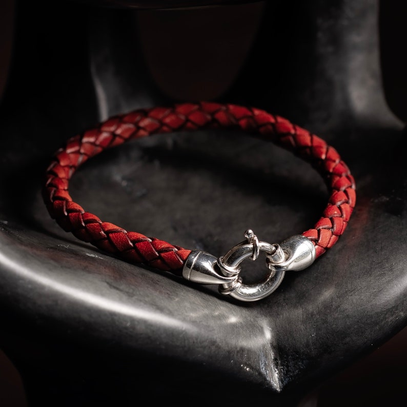 Braided Leather Bracelet For Him, Mens Leather Bracelet with Sterling Silver Spring Ring Clasp, Minimal Jewelry for Men, Gift for Him Antique Red