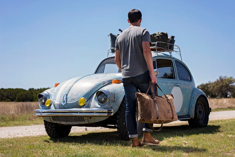 Waxed Canvas Duffle Bag: Folding Personalized Weekender Bag with Multiple Pockets, Father's Day Gift, Anniversary Gift for Him, Made in USA image 9