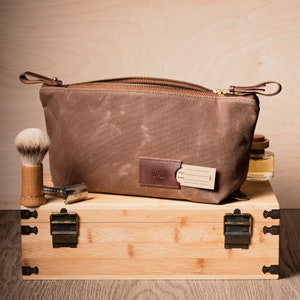 Personalized Waxed Canvas Dopp Kit: Folding Toiletry Bag for Men, Monogrammed Christmas Gift for Him, Made in USA Brown