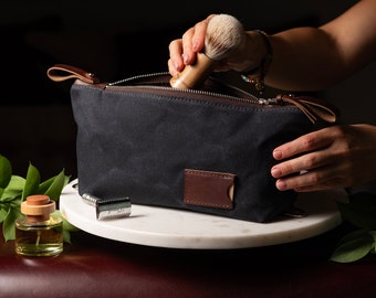 Waxed Canvas Dopp Kit: Folding Toiletry Bag in Black, Free Personalization, Anniversary Gift for Him, Birthday Gift, Made in USA