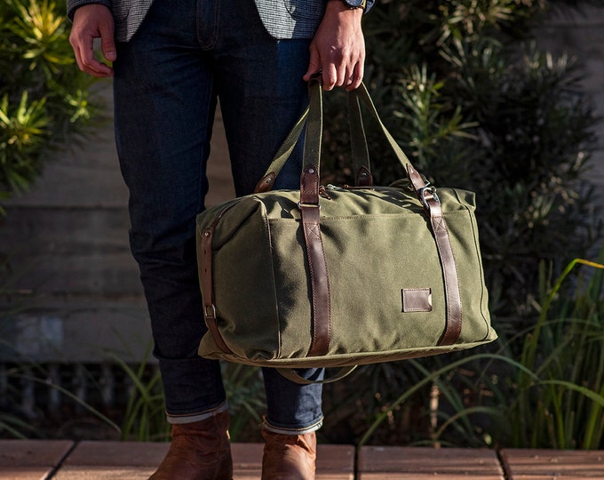 Waxed Canvas Duffle Bag: Folding Personalized Weekender Bag with Multiple Pockets, Father's Day Gift, Anniversary Gift for Him, Made in USA