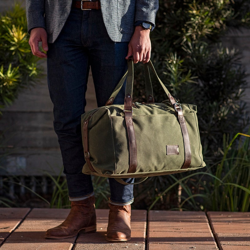 Waxed Canvas Duffle Bag: Folding Personalized Weekender Bag with Multiple Pockets, Father's Day Gift, Anniversary Gift for Him, Made in USA Olive Green Canvas