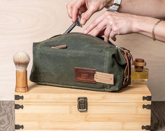 Personalized Waxed Canvas Dopp Kit: Folding Toiletry Bag, Made in USA