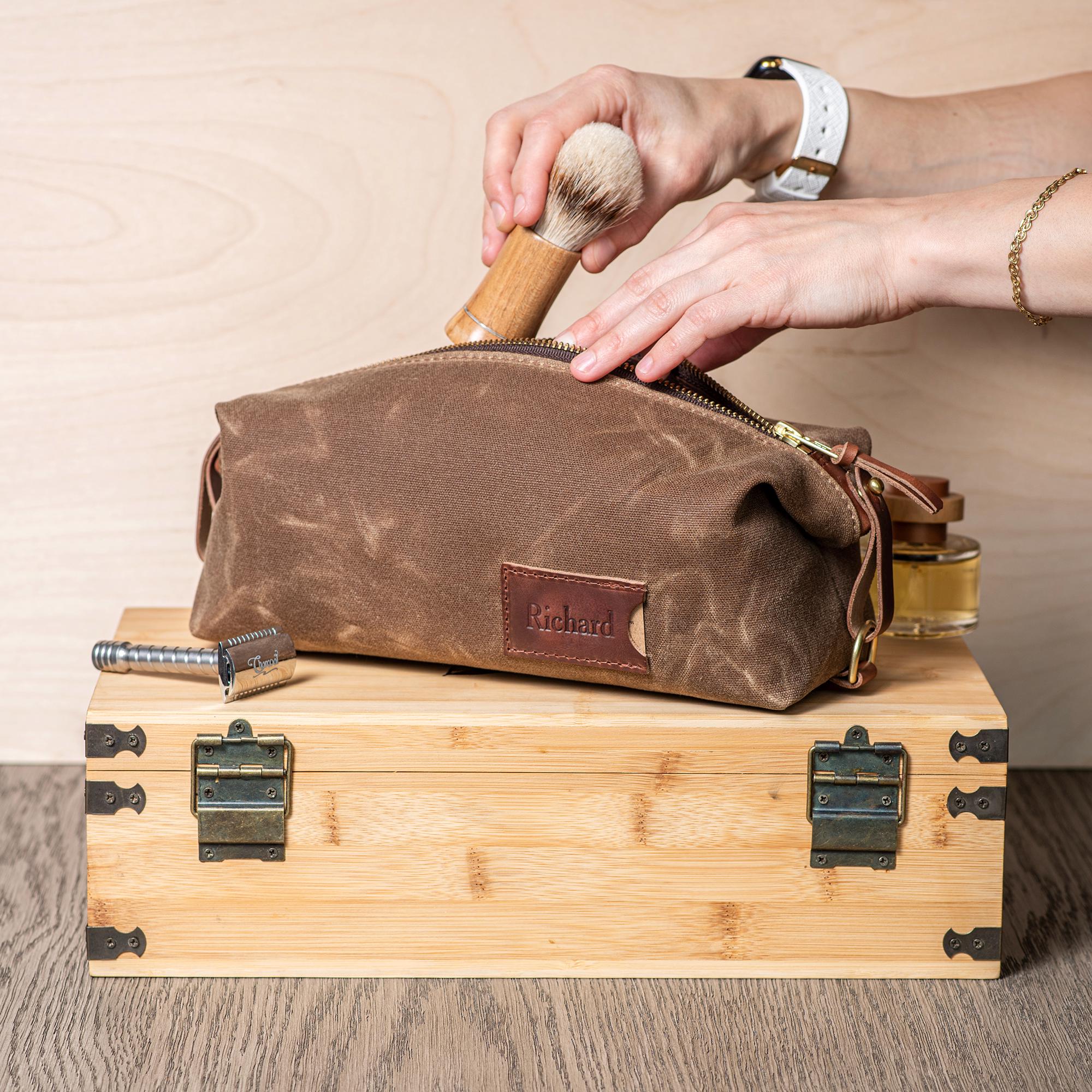 Personalized Waxed Canvas Dopp Kit: Folding Toiletry Bag, Made in USA