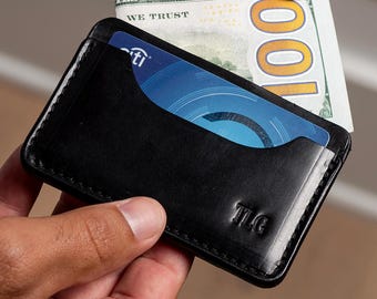 Tarjetero de cuero fino, tarjetero de cuero personalizado, billetera minimalista para hombre, billetera cosida a mano, regalo para él, regalo para su esposo
