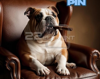 May include: A white and brown bulldog sitting in a brown leather armchair with a cigar in its mouth. The text "THE KING PIN" is in the upper right corner of the image.