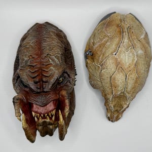 Könnte beinhalten: Zwei detaillierte Masken, eine, die dem Kopf eines Wesens mit scharfen Zähnen und einem bedrohlichen Ausdruck ähnelt, und die andere ein strukturiertes, hellbraunes Stück. Die Masken dienen wahrscheinlich Kostüm- oder Ausstellungszwecken.