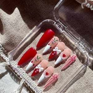 Cherry Twist - Premium Handmade Press-On Nails | Reusable Luxury Salon Acrylic Nail Art | High Quality Manicure | Durable False Nails |2025