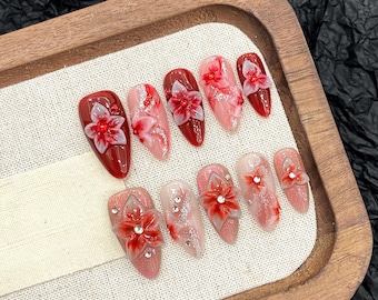 Crimson Bloom Press-On Nails: Luxury Floral Acrylic Nail Art