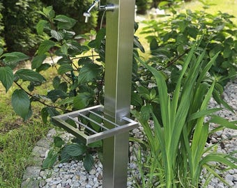 Robinet de jardin en acier inoxydable - Colonne d'eau de 95 cm avec étagère, idéale pour le jardin, le lavage des mains et l'arrosage des plantes.