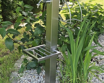 Poteau de colonne d'eau de robinet de jardin en acier inoxydable avec étagère et support de tuyau