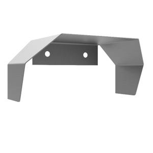 Può includere: Una staffa metallica geometrica color argento con un design angolare unico. La staffa presenta una parte superiore piatta, una sezione di supporto centrale con due fori circolari e lati angolati. La forma generale è moderna e minimalista.