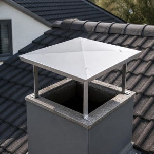 Peut inclure: Un chapeau de cheminée en acier inoxydable avec un dessus carré incliné et quatre poteaux de support. Le chapeau est posé sur une cheminée en béton gris sur un toit en tuiles. La cheminée est de forme carrée.
