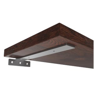 Peut inclure: Étagère en bois brun foncé avec un support métallique argenté fixé. Le support est monté sur le dessous de l'étagère et comporte plusieurs trous de vis. L'étagère semble être en bois massif et présente un motif de grain naturel.