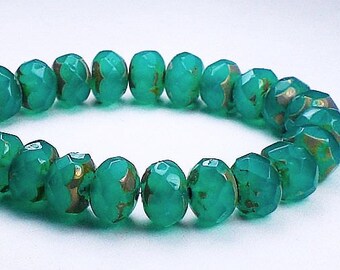 Emerald Green Picasso Czech Glass Beads 6 x 8mm Faceted Rondelle Beads 10 Pcs. RON8-567