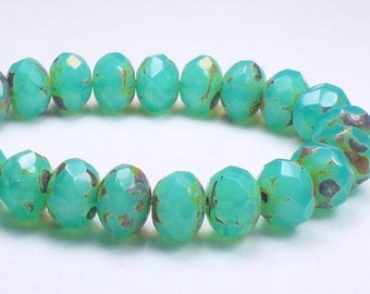 Aqua Green Picasso Czech Glass Beads 6 x 8mm Faceted Rondelle Beads 10 Pcs. RON8-638