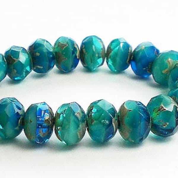 Blue and Turquoise Picasso Czech Glass Beads 6 x 8mm Faceted Rondelles 10 Pcs. 8-705