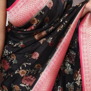 Floral Muga Silk Saree: Black Jal Meenakari Weave, Banarasi Border