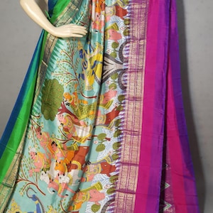 Ikkat kanchipuram saree with kalamkari prints. Unique Design. Wardrobe essential. Pure silk. Occasional wear.