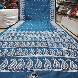 Handwoven Kantha Stitch Saree: Bangalore Silk Blend, Traditional Embroidery