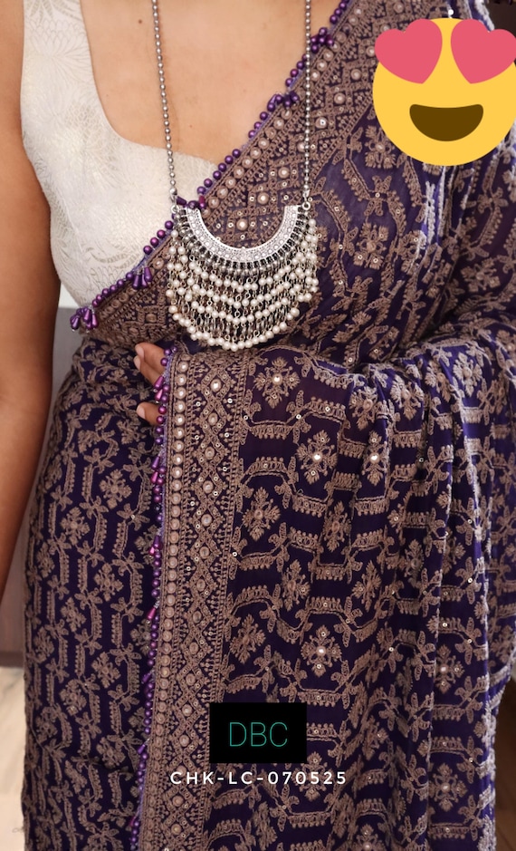 Royal Purple Chikankari Saree: Lucknowi Hand-Embroidered Party Wear