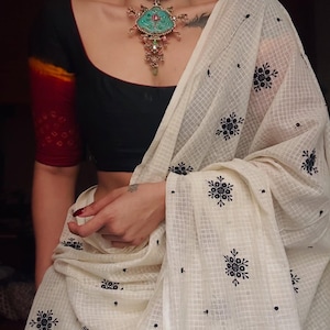 Handwoven Kota Doriya Saree: Black Embroidery, Lightweight Ivory Fabric