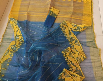 Bi colour Muslin Jamdani Saree: soft, pure. Handcrafted Bengal Festive Wear.