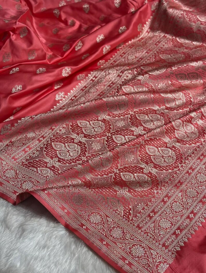 Peach Mashru Silk Saree: Boota Pattern, Zari Work Border - Etsy