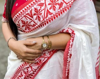 Handloom Cotton Saree: Red & White Daily Wear, Durga Pujo