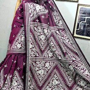 Handwoven Kantha Stitch Saree: Bangalore Silk Blend, Traditional Indian Embroidery