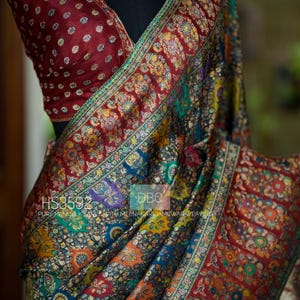 Kashmiri Kani Silk Saree: Meenakari Weaving, maroon Border. Party wear.